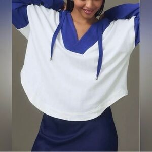 Anthropologie Pilcro Wharfside Hooded Sweatshirt Pullover Tie Blue White XS